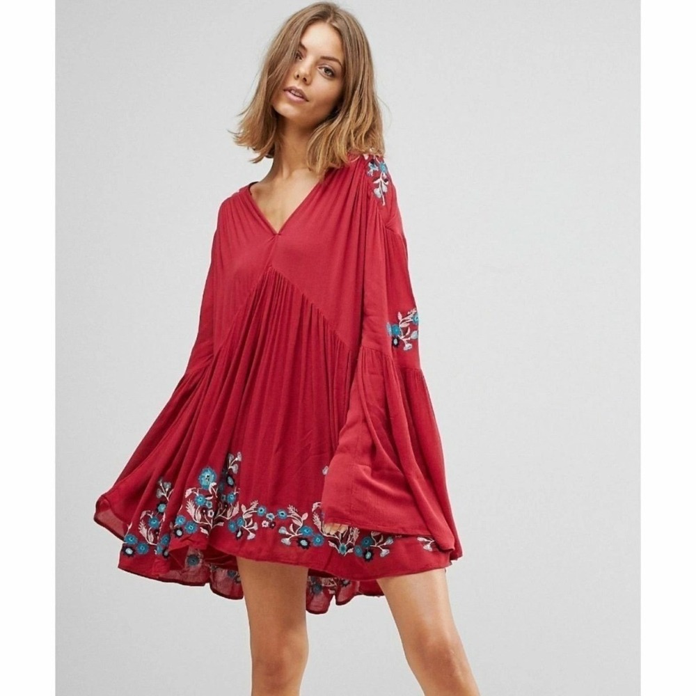 Free People Red Mini Dress Floral‎ Embroidered Exaggerated Sleeve Boho Size XS